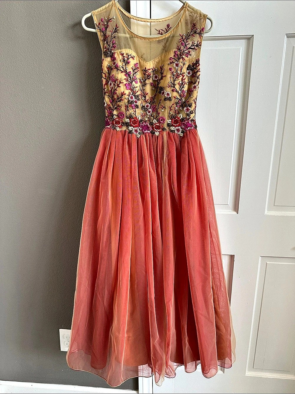Floral Embroidered Maxi Dress in Pink & Gold Like New